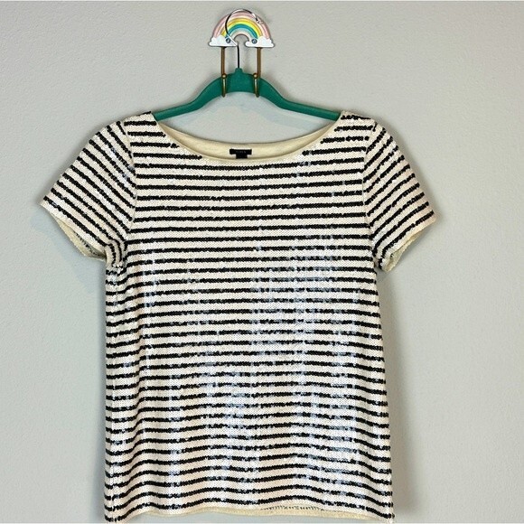 J. Crew Black Ivory Sequined Striped Short Sleeve Top XS - Picture 1 of 7